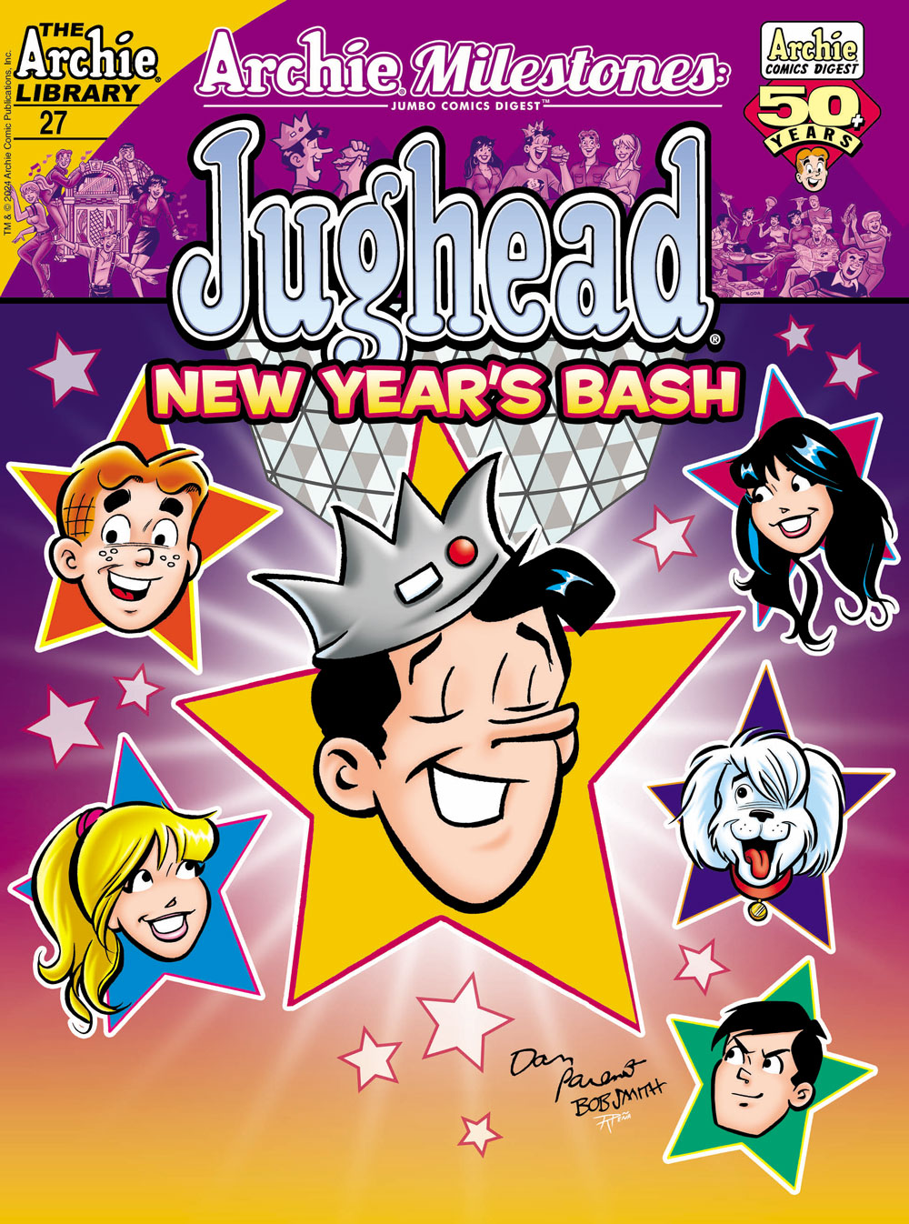 Cover of ARCHIE MILESTONES DIGEST #27: JUGHEAD NEW YEAR'S BASH. Archie, Betty, Jughead, Veronica, Reggie, and Jughead's dog Hot Dog are all depicted in stylized stars floating on a purple/yellow background and a field of more stars. They're superimposed over an image of the glittery ball that drops in Times Square on New Year's Eve.