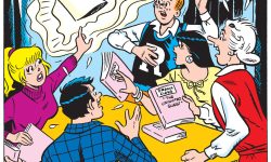 Panel from an Archie Comics story. A ghost hovers over a table where Betty, Reggie, Archie, Veronica, and Ms. Grundy are rehearsing their lines for a school play. They all look shocked. The ghost says it has returned from the spirit world because they summoned it.