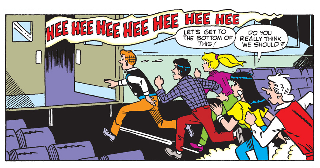 Panel from an Archie Comics story. A ghostly sound emenates from outside in the hall at school. Archie, Ms. Grundy, Reggie, Betty, and Veronica run outside to see what it is.