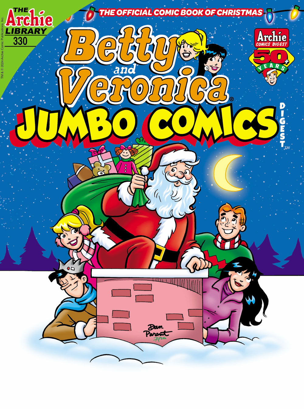 Cover of BETTY AND VERONICA DIGEST #330. Santa Claus is climbing into a chimney on a snow-covered roof with a sack full of toys at night. Jughead, Betty, Archie, and Veronica are hiding behind the chimney, smiling up at Santa.