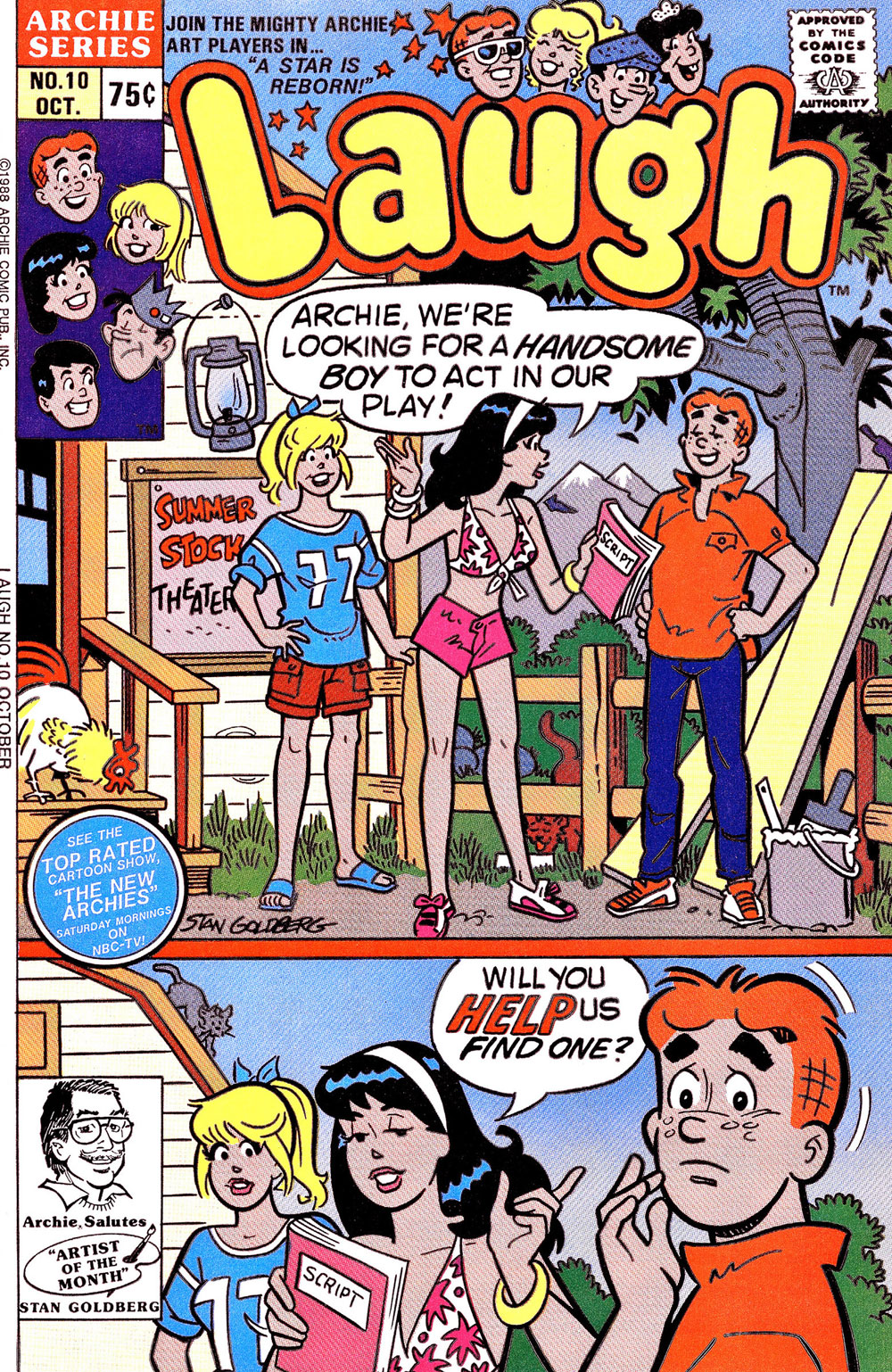 Cover of LAUGH #10. Betty and Veronica are standing outside their summer stock theater with Archie. Veronica tells him they're looking for a handsome boy to act in their play. He looks pleased. In the next panel she asks him if he'll help them find one, and he looks at the viewer, dismayed.