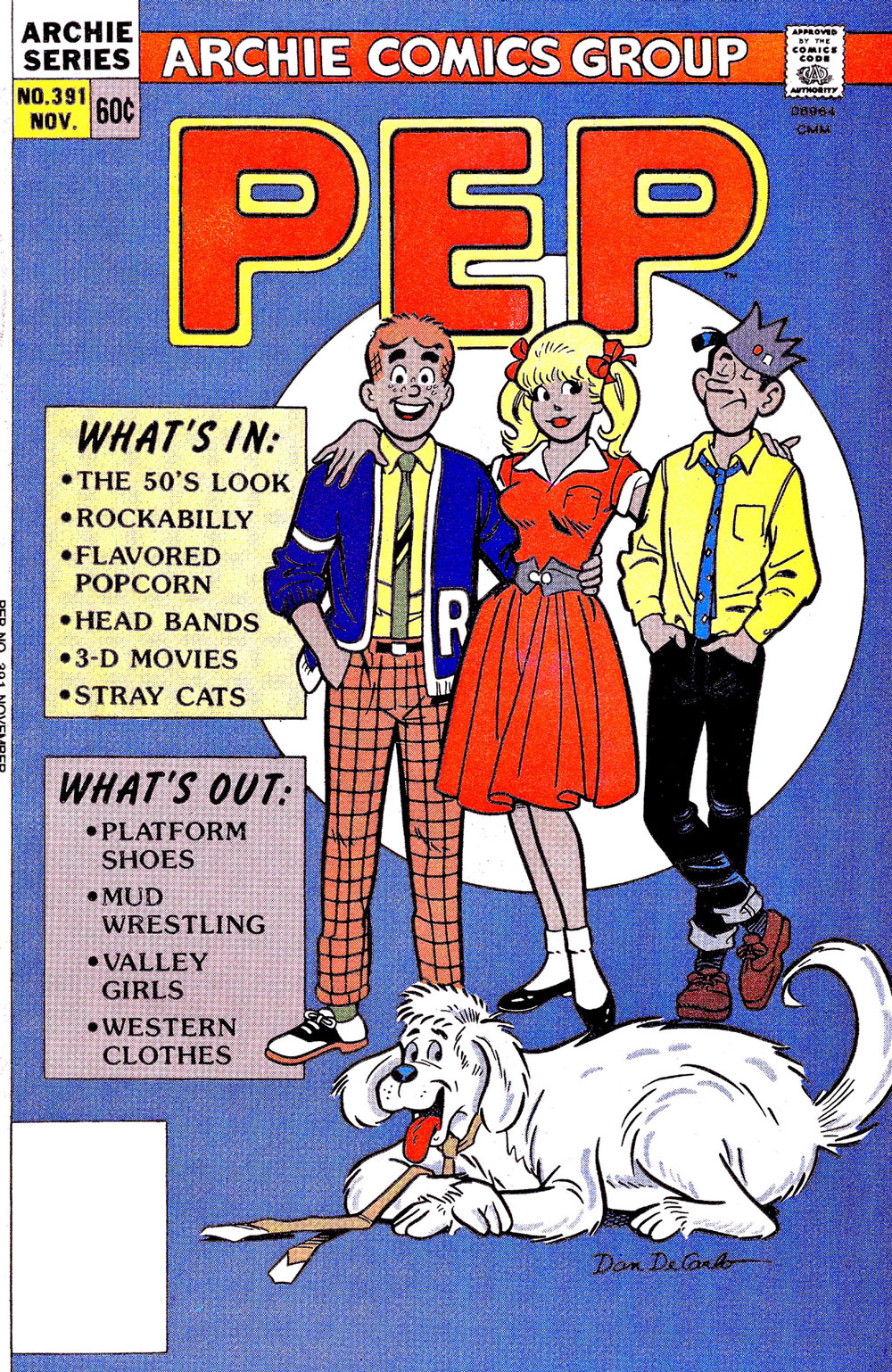 Cover of PEP #391. Archie, Betty, and Jughead, along with Jughead's dog Hot Dog, are wearing 1950s clothes and looking out at the viewer on a blue background. The type reads: What's in: The 50s look, Rockabilly, flavored popcorn, head bands, 3D movies, stray cats. What's out: platform shoes, mud wrestling, valley girls, western clothes.