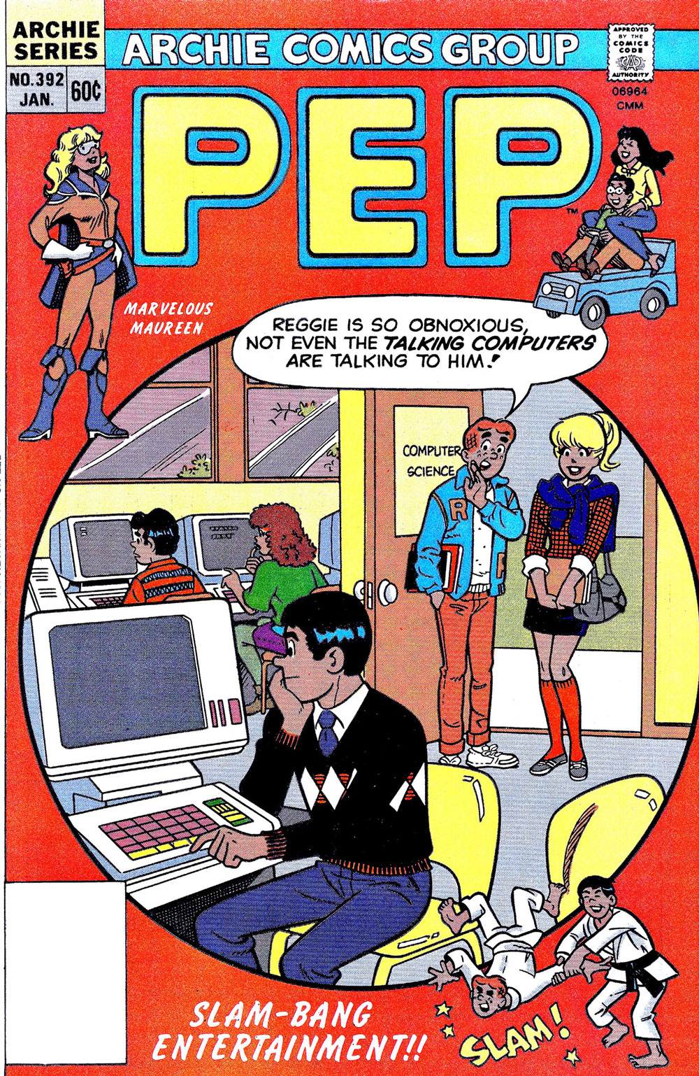 Cover of PEP #392. Reggie is at a computer in the computer science lab at school. Archie tells Betty that Reggie is so obnoxious, not even the computers are talking to him.