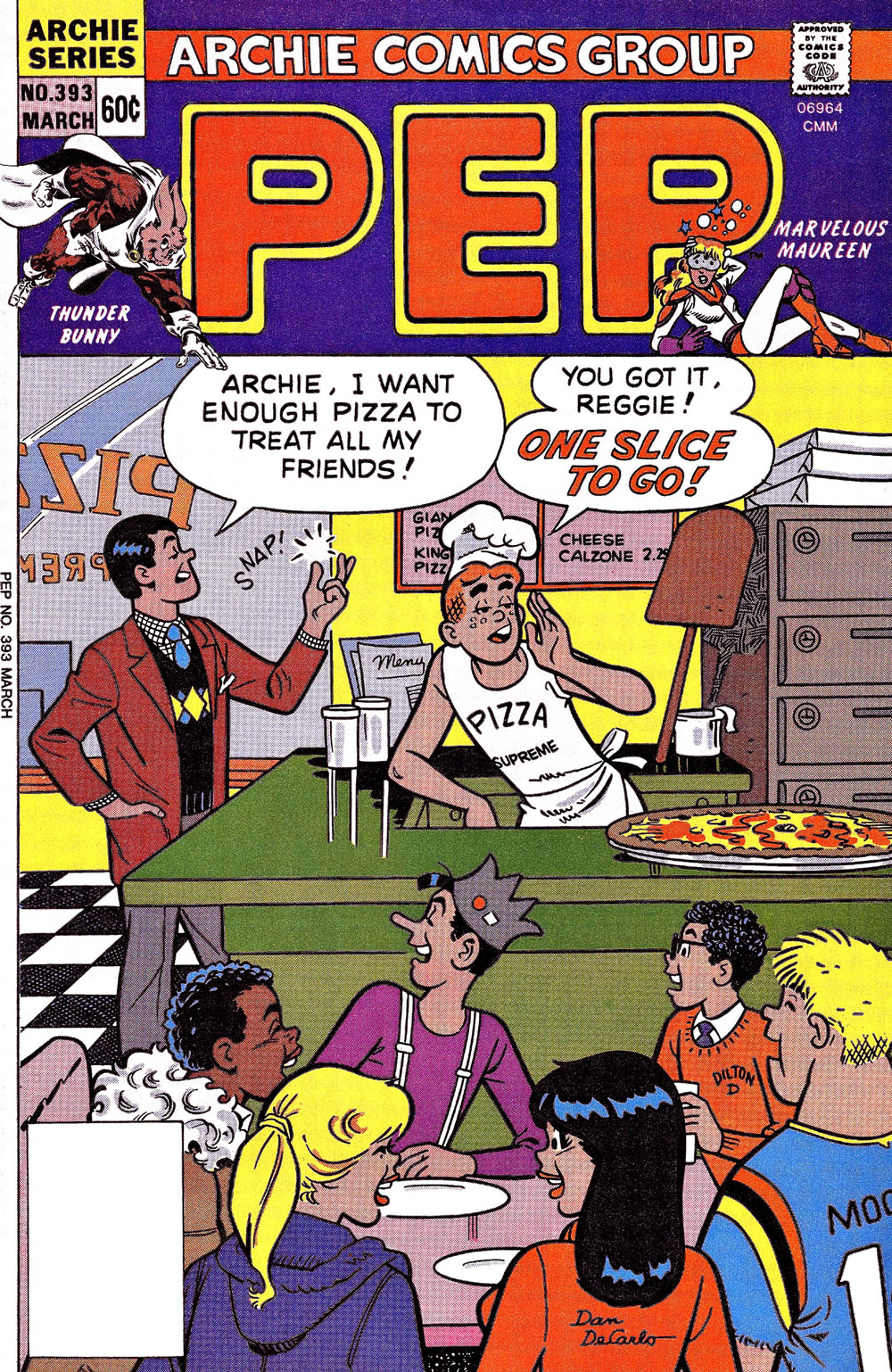 Cover of PEP #393. Archie is working at a pizzaria and the rest of his friends are sitting at a table waiting for food. Reggie walks in and snaps his fingers at Archie, saying he wants enough pizza to treat all his friends. Archie gives him one slice to go.