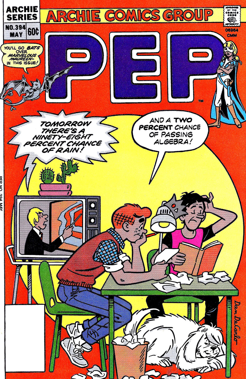 Cover of PEP #394. Archie and Jughead are doing homework at a table with the TV on in the background. The weather report says there's a 98 percent chance of rain. Archie says there's a 2 percent chance of passing algebra.