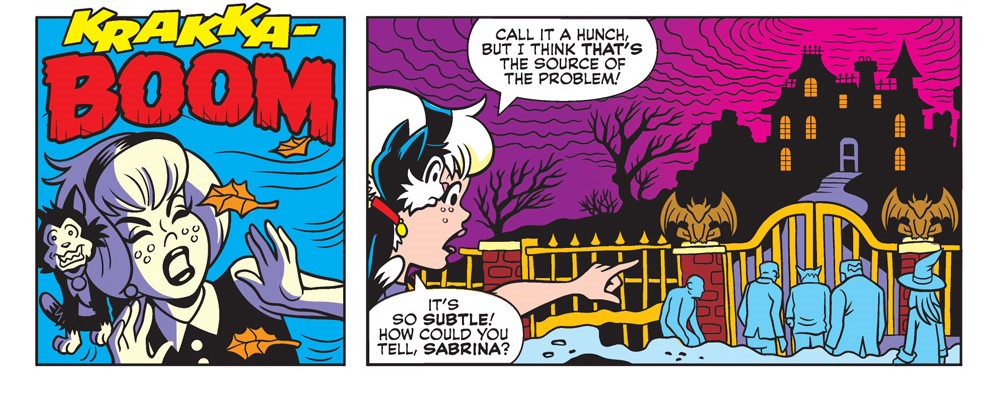 Interior panels from SABRINA ANNUAL SPECTACULAR 2024. Lightning strikes over a creepy gotchi mansion, with monsters gathering at the gates. Sabrina says she thinks that's the source of the problem. Salem says "It's so subtle, how could you tell?"