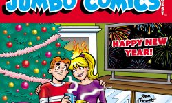 Cover of WORLD OF ARCHIE DIGEST #146. Archie and Betty snuggle by a fire and the Christmas tree with Archie's dog Vegas at their feet. They're watching a New Year's Eve celebration on TV (the TV shows fireworks and the words: Happy New Year!).