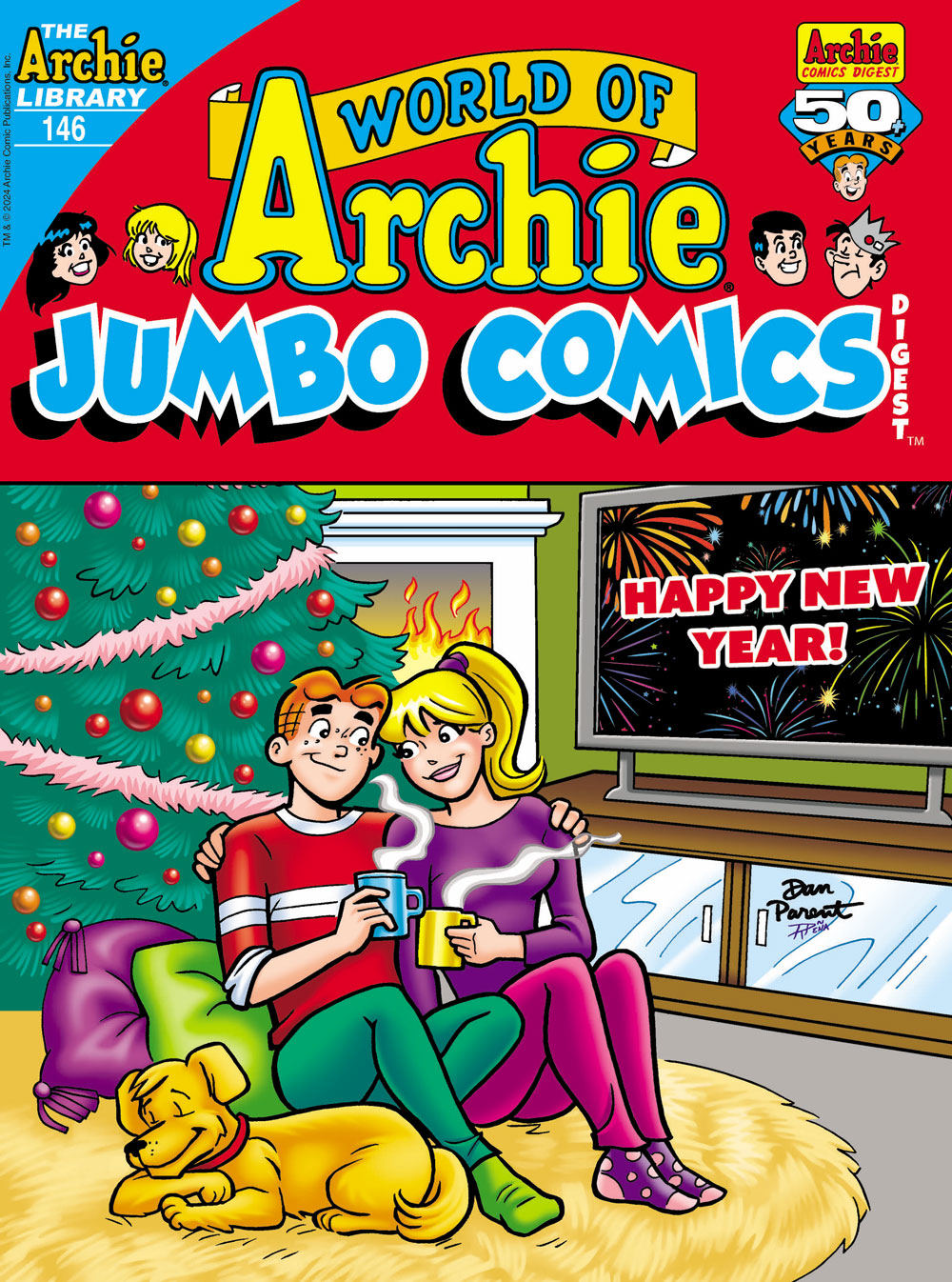 Cover of WORLD OF ARCHIE DIGEST #146. Archie and Betty snuggle by a fire and the Christmas tree with Archie's dog Vegas at their feet. They're watching a New Year's Eve celebration on TV (the TV shows fireworks and the words: Happy New Year!).