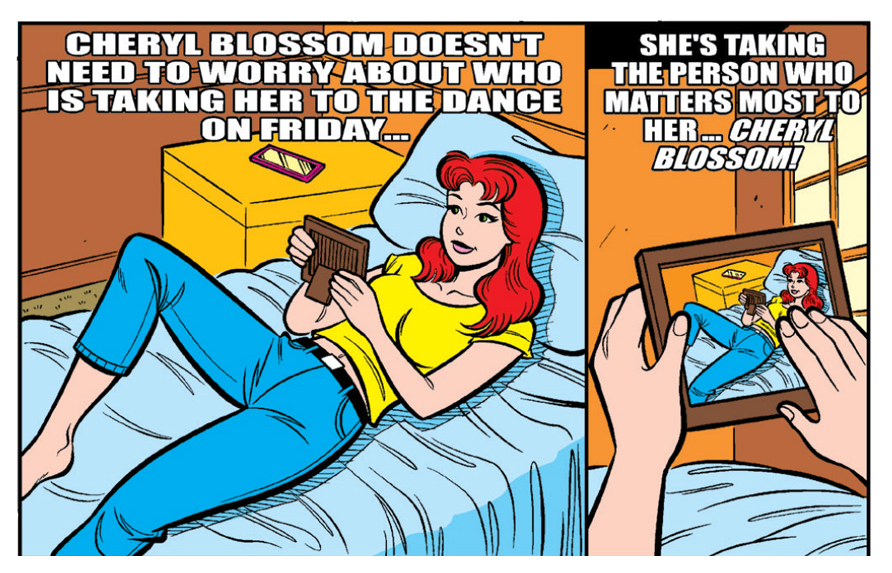 WORLD OF ARCHIE DIGEST #143. Cheryl Blossom lies on her bed looking at a photo of herself, in the style of the Wolverine meme. The text says she's talking to the person who matters most to her -- herself.