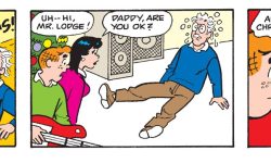 Panels from an Archie Comics story. Archie is playing a loud Christmas song on his electric guitar, blowing away Mr. Lodge, who falls down from the noise. Veronica asks him if he's OK and he says he hears Christmas bells.