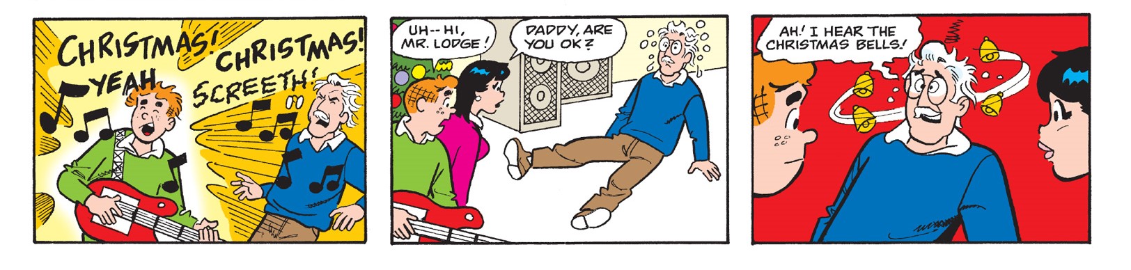 Panels from an Archie Comics story. Archie is playing a loud Christmas song on his electric guitar, blowing away Mr. Lodge, who falls down from the noise. Veronica asks him if he's OK and he says he hears Christmas bells.