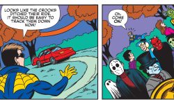 Panels from an Archie Comics story. The superhero called The Web is chasing some criminals. He says it will be easy to track them down. In the next panel he sees everyone in a Halloween costume and realizes it won't be as easy as he thought.