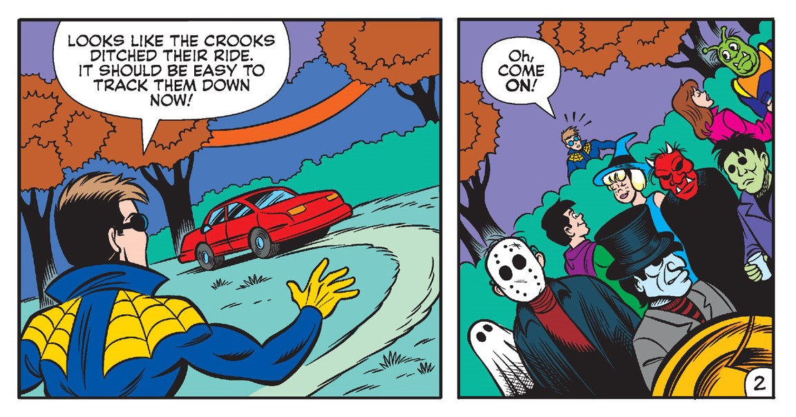 Panels from an Archie Comics story. The superhero called The Web is chasing some criminals. He says it will be easy to track them down. In the next panel he sees everyone in a Halloween costume and realizes it won't be as easy as he thought.