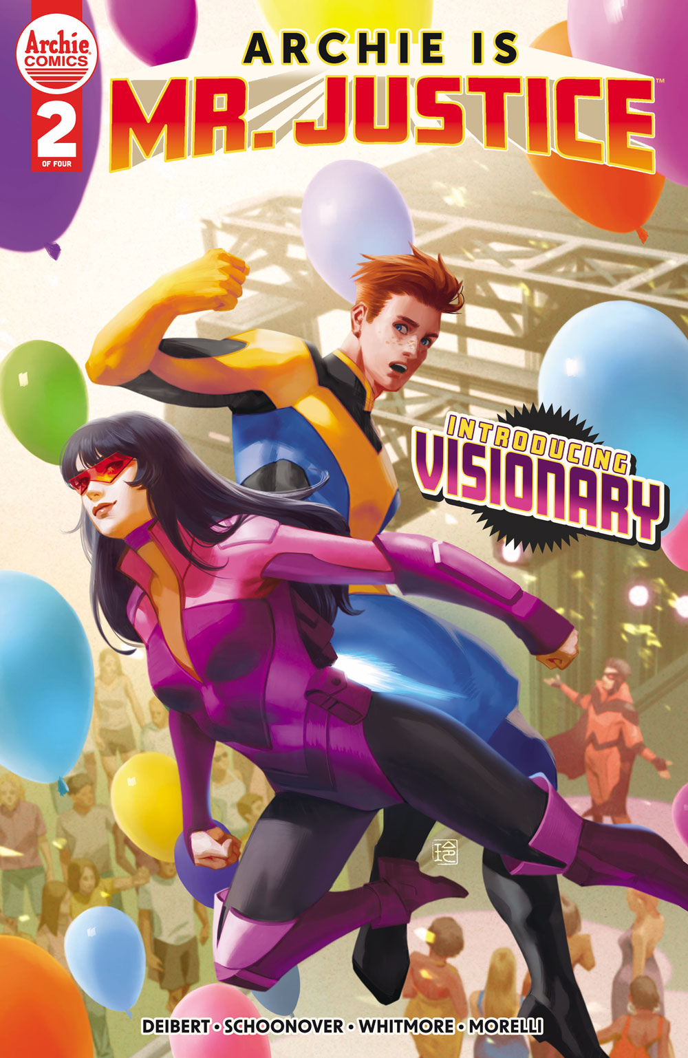 Cover of ARCHIE IS MR. JUSTICE #2. Veronica, in her superhero guise as Visionary, is wearing a purple and black jumpsuit with purple boots and goggles. She's flying past Archie in his Mr. Justice costume, who looks back at her with an astonished look on his face. They're both floating above a crowd of people and multicolored balloons float around them. The cover type reads: Introducing Visionary.