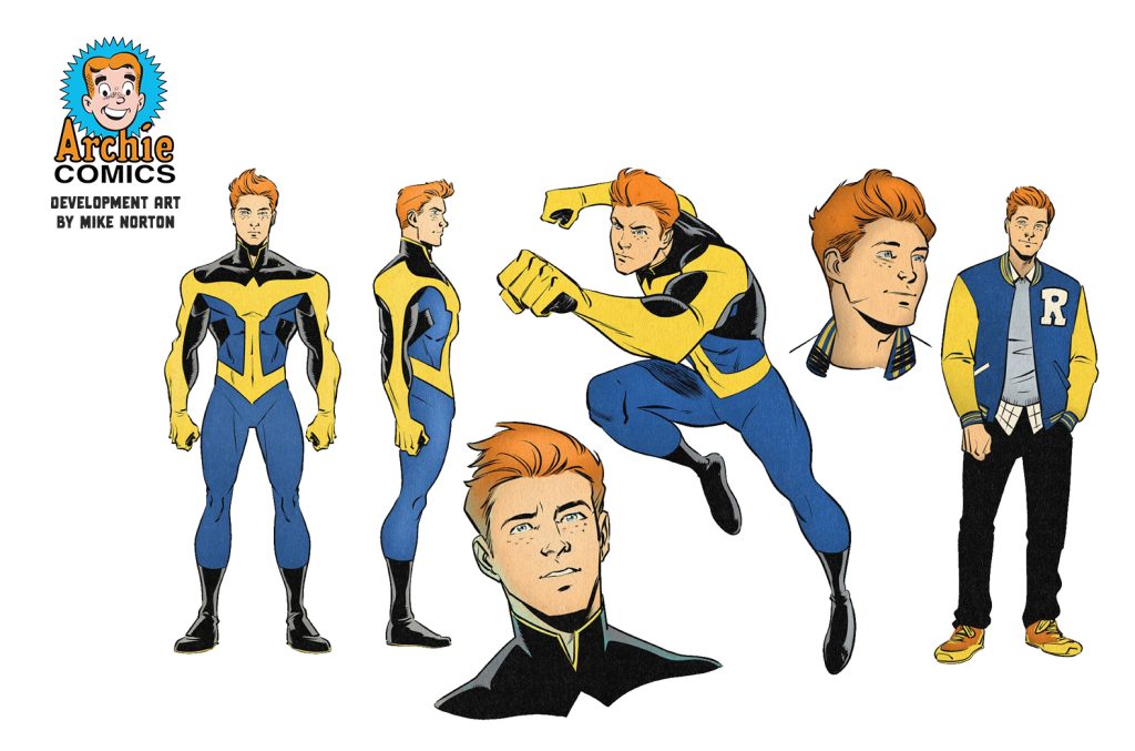 Character designs for Mr. Justice, a Archie Andrews's secret superhero identity. Various costume ideas include variations of a yellow, blue, and black jumpsuit with a stylized symbol of the scales of justice in the center.