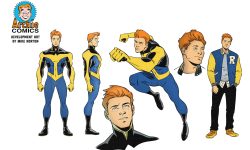 Character designs for Mr. Justice, a Archie Andrews's secret superhero identity. Various costume ideas include variations of a yellow, blue, and black jumpsuit with a stylized symbol of the scales of justice in the center.