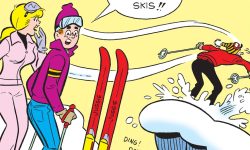 Archie comics gag panel. Jughead has just ski jumped over a gap between two cliffs. Betty says that he jumped Dead Man's Cliff after hearing the dinner bell.