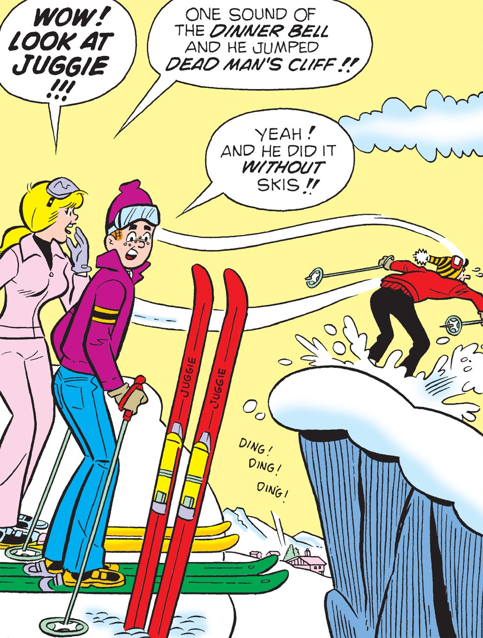 Archie comics gag panel. Jughead has just ski jumped over a gap between two cliffs. Betty says that he jumped Dead Man's Cliff after hearing the dinner bell.