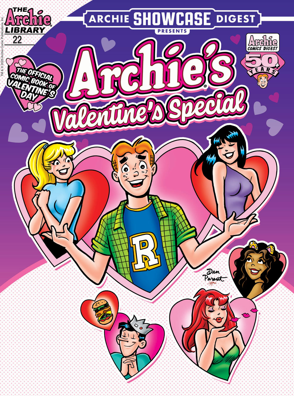 Cover of ARCHIE SHOWCASE DIGEST #22: ARCHIE'S VALENTINE'S SPECIAL. Betty, Archie, Veronica, Valerie, Cheryl, and Jughead all float within designed heart shapes. Jughead looks longingly at a cheeseburger that's in its own heart shape. The cover type reads: The Official Comic Book of Valentine's Day.