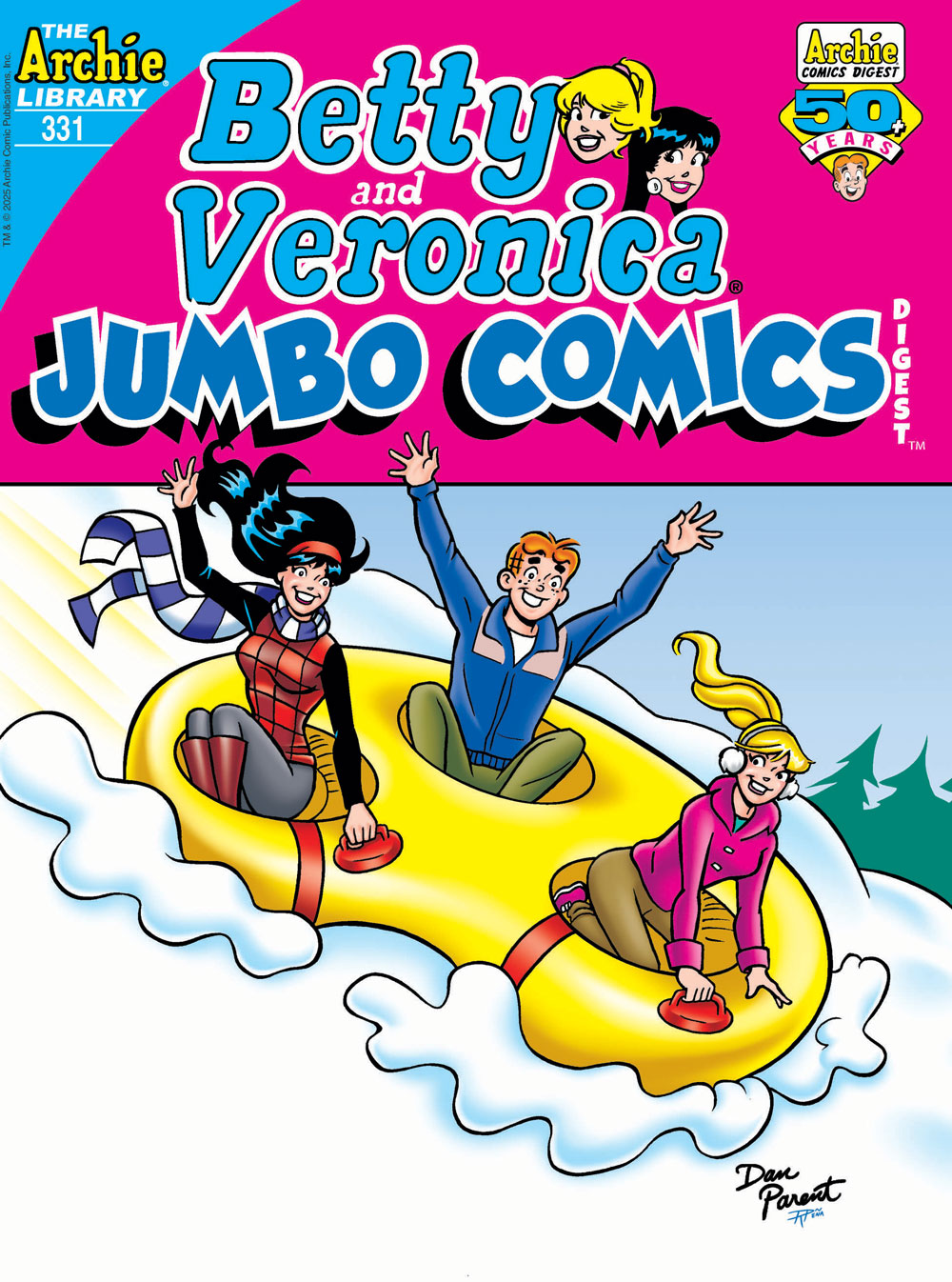 Cover of BETTY AND VERONICA DIGEST #331. Veronica, Archie, and Betty slide down a snowy hill in a three-person inflatable sled.