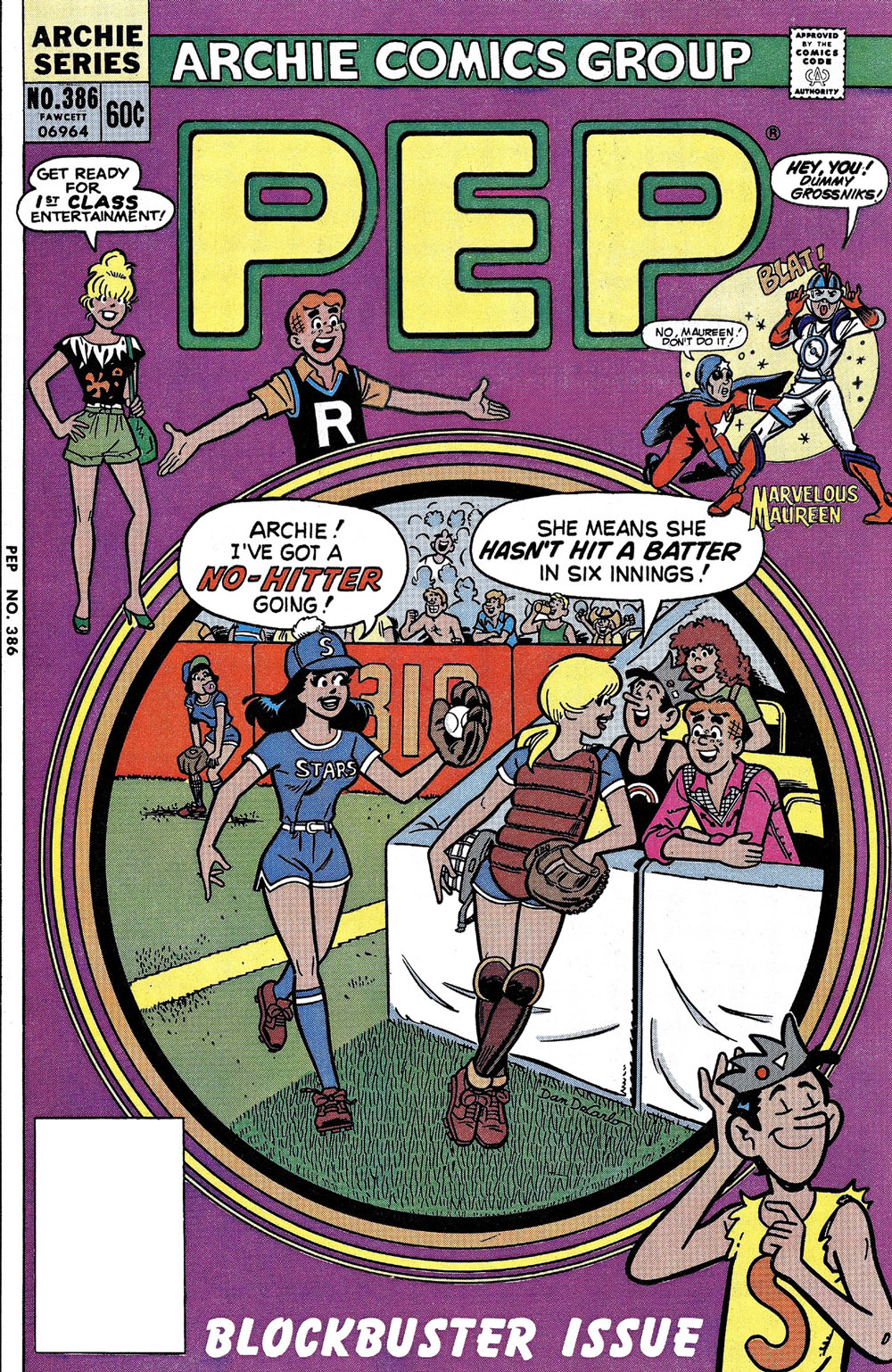 Cover of PEP #386. At a baseball game, Veronica, who has been pitching, walks over to the stands to tell Archie she has a no-hitter going. Betty, her catcher, says she means she hasn't hit a batter in six innings.