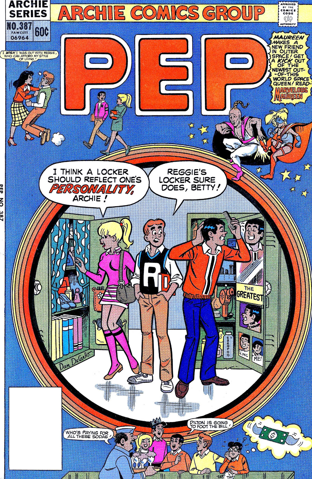 Cover of PEP #387. Reggie is combing his hair in front of a locker mirror at school, hanging over a sign that says: The Greatest, and some photos of himself. Betty says a locker should reflect your personality and Archie says Reggie's locker sure does.