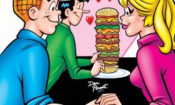 Archie and Betty hold hands, looking into each other's eyes. In the background, Jughead looks at a tall hamburger with lots of patties and toppings. Hearts float around them all.