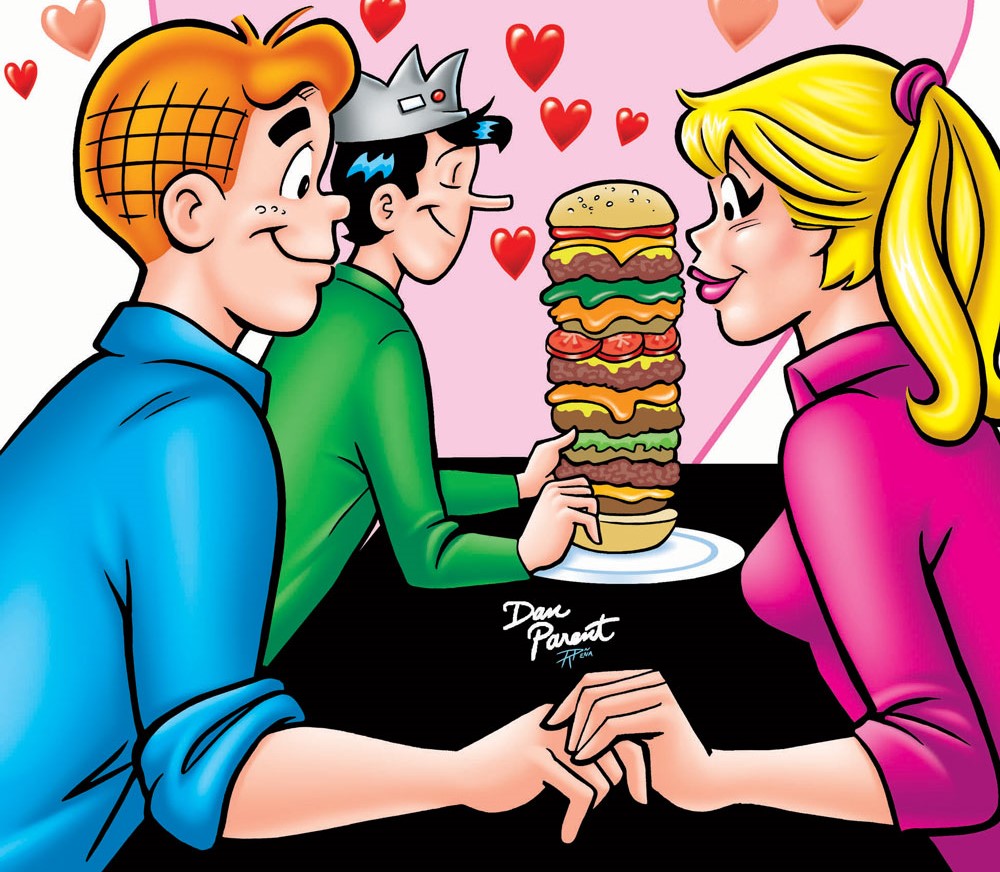 Archie and Betty hold hands, looking into each other's eyes. In the background, Jughead looks at a tall hamburger with lots of patties and toppings. Hearts float around them all.