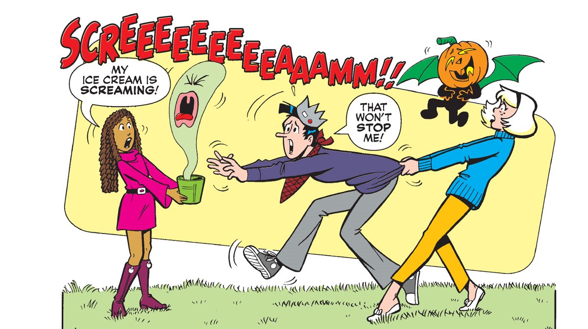 Panel from an Archie Comics story. A ghost is rising out of a tub of ice cream and screaming. Jughead says that won't stop him from eating it as Sabrina tries to pull him away. Trick, one of the spirits of Halloween (a cartoon jack-o-lantern with bat wings) floats above the scene.