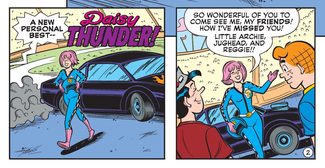 A panel from WORLD OF BETTY & VERONICA DIGEST #36. Race car driver Daisy Thunder, a slender white woman with a blue jumpsuit and pink hair, steps out of her car while an announcer says her time on the track was her new personal best. She sees Archie and Jughead and says it's wonderful of them to come out to see her, and she's missed them.