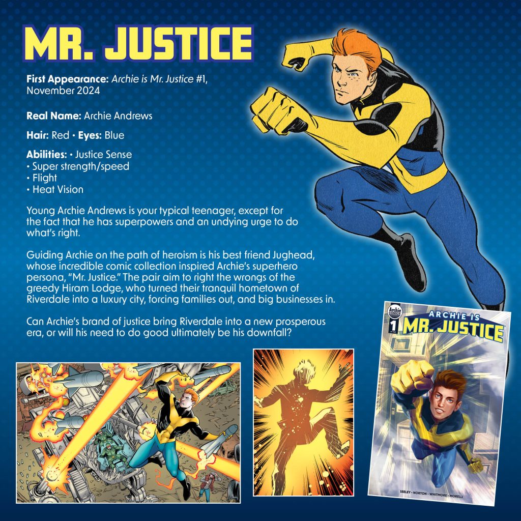 Information on Mr. Justice, Archie's superhero alter ego.