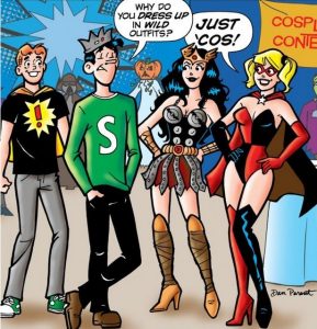 Archie and Jughead admire Betty and Veronica's heroic comic con cosplay.