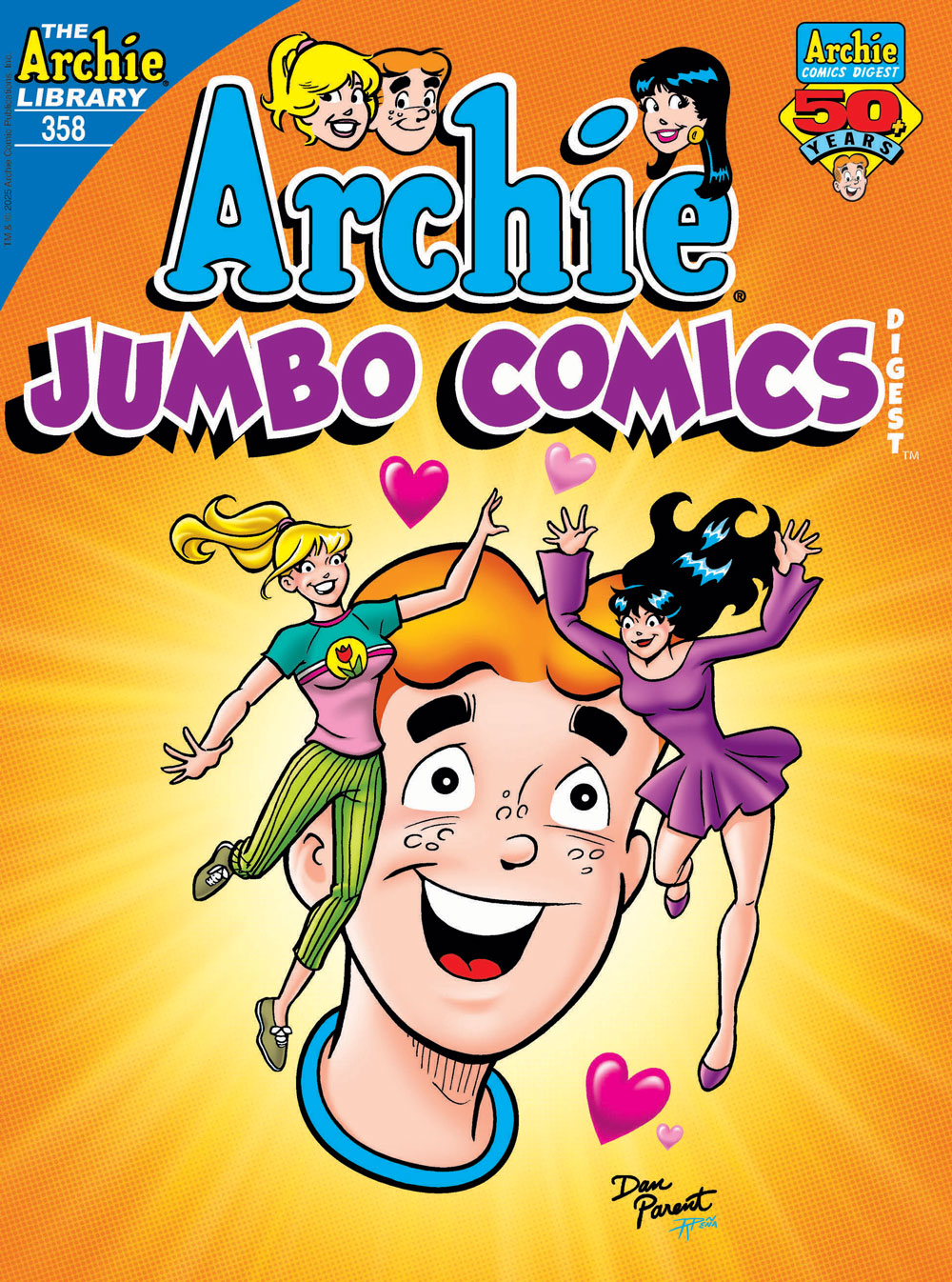 Cover of ARCHIE DIGEST #358. Betty and Veronica float above a depiction of Archie's head on a bright orange background, surrounded by pink and red hearts.