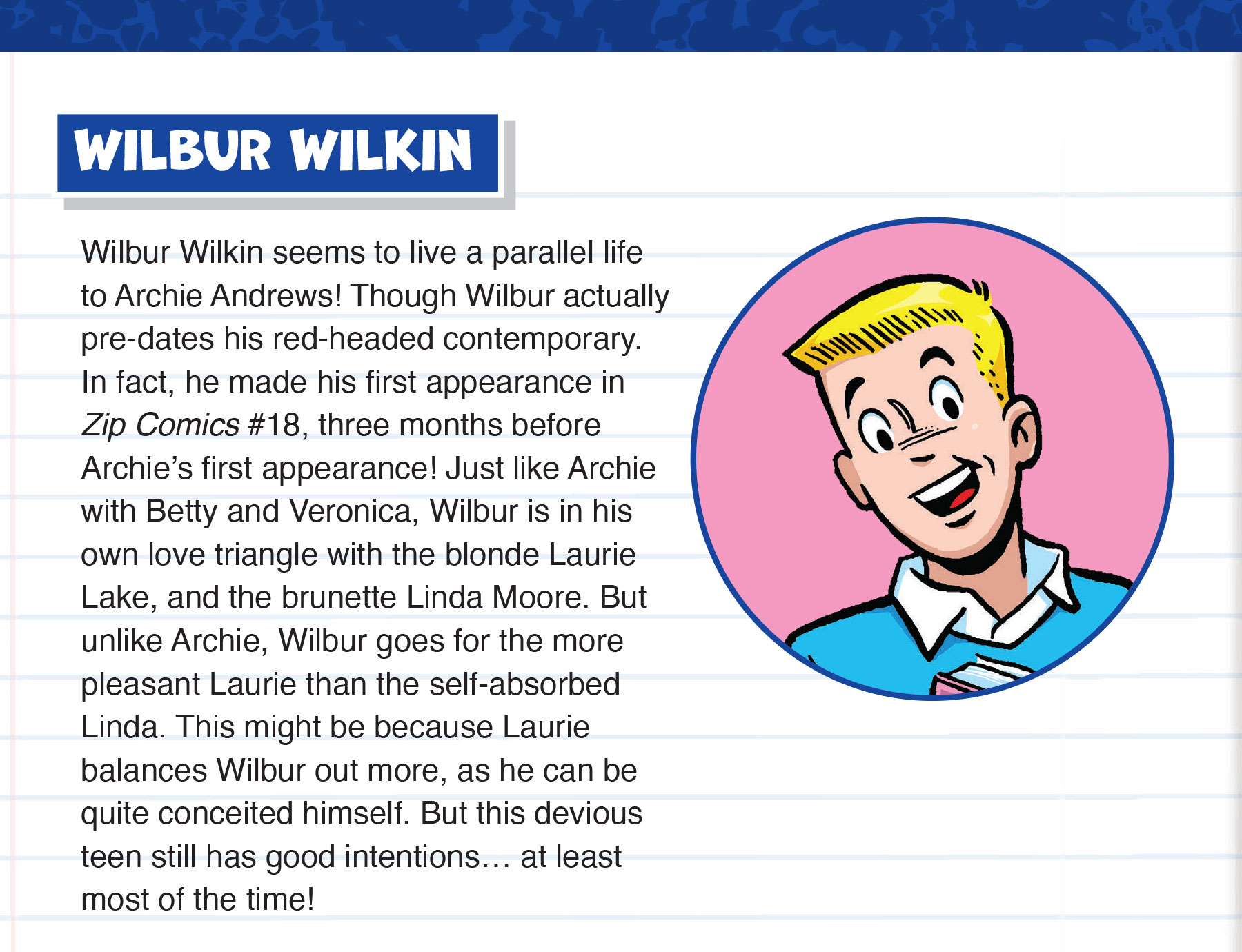 Archie Encyclopedia page for the character Wilbur Wilkin, including a portrait of Wilbur -- a slender white teen boy with short blonde hair, and information about his appearances in different comics over the years.