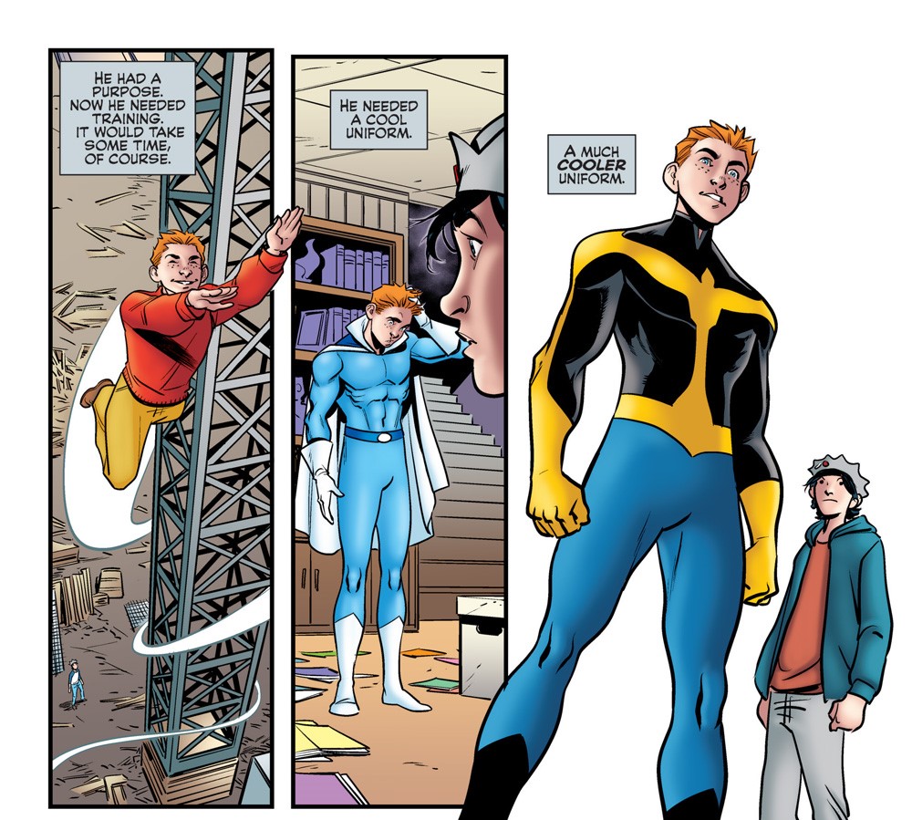 Panel from ARCHIE IS MR. JUSTICE #1. A superpowered Archie flies above a construction site while Juhead narrates over the scene, saying Archie had a purpose but needed training and a better uniform. The next two panels show two costume ideas, settling on the final one: a black, blue, and gold jumpsuit with a stylized version of the scales of justice emblazoned on his chest.