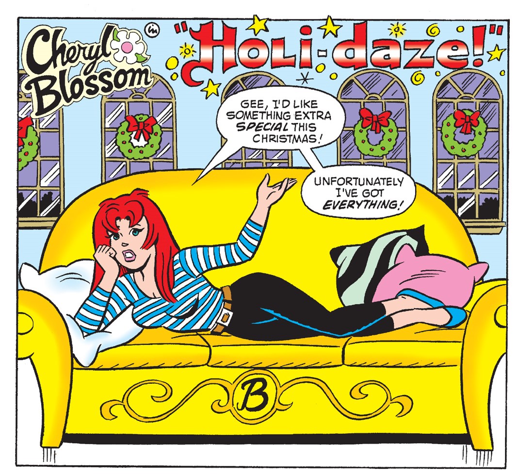 Panel from ARCHIE SHOWCASE DIGEST #21. Cheryl Blossom lays on a gold couch in a room decorated for Christmas. She says she wants something extra special for Christmas but unofrtunately, she has everything.