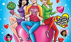 Cover of ARCHIE'S VALENTINE'S SPECTACULAR #1. Archie, Betty, and Veronica sit on top of a giant pink heart that floats above a blue background. Betty and Archie each hold a heart while Veronica holds a bouquet of flowers. Surrounding the trio is an assortment of floating character heads in stylized hearts, including Cassie Cloud, Randolph, Eliza, Stacy, Josie, and the spirits of Valentine's Day: Flowers, Hearts, and Candy.