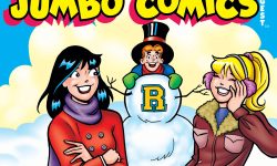 Cover of BETTY AND VERONICA DIGEST #332. Betty and Veronica, wearing winter gear in a snowy landscape, stand in front of a snowman. Archie is playacting as the snowman's head, wearing a top hat.