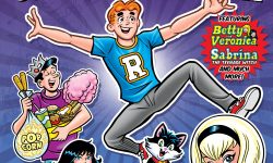 Cover of FREE COMIC BOOK DAY 2025: ARCHIE'S COMICS SPECTACULAR. Archie floats above a purple background in a dynamic pose with his arms outstretched. He's surrounded by images of Jughead holding movie theater concessions, Betty and Veronica holding guitars, Sabrina the Teenage Witch, and her cat familiar Salem.