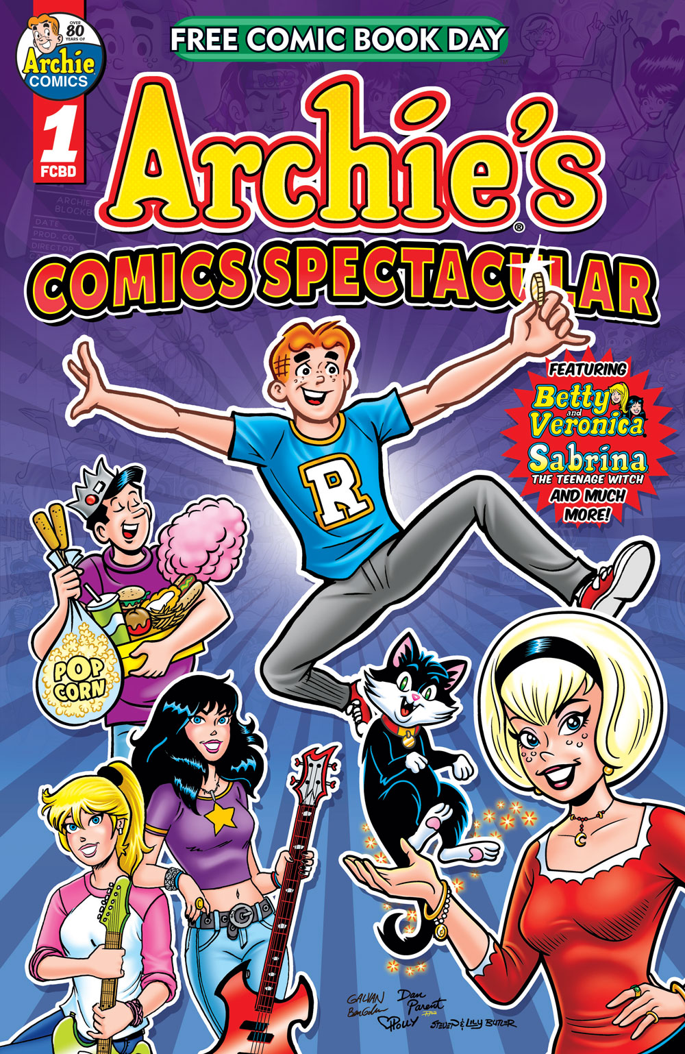 Cover of FREE COMIC BOOK DAY 2025: ARCHIE'S COMICS SPECTACULAR. Archie floats above a purple background in a dynamic pose with his arms outstretched. He's surrounded by images of Jughead holding movie theater concessions, Betty and Veronica holding guitars, Sabrina the Teenage Witch, and her cat familiar Salem.