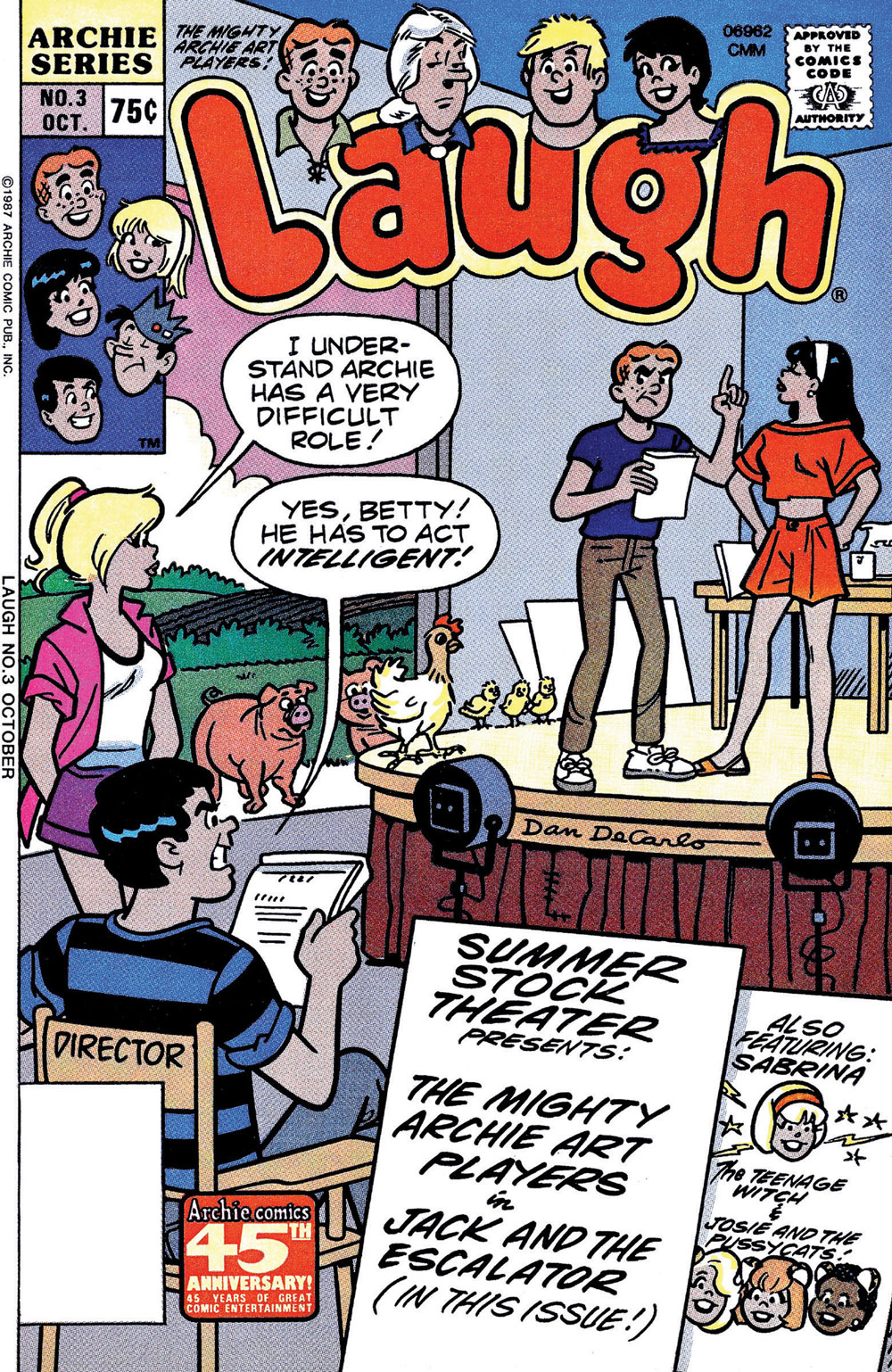 Cover of LAUGH #3. Archie, Veronica, Betty, and Reggie are inside a theater rehearsing a play. Betty says Archie has a very difficult role and Reggie says yes, he has to act intelligent.