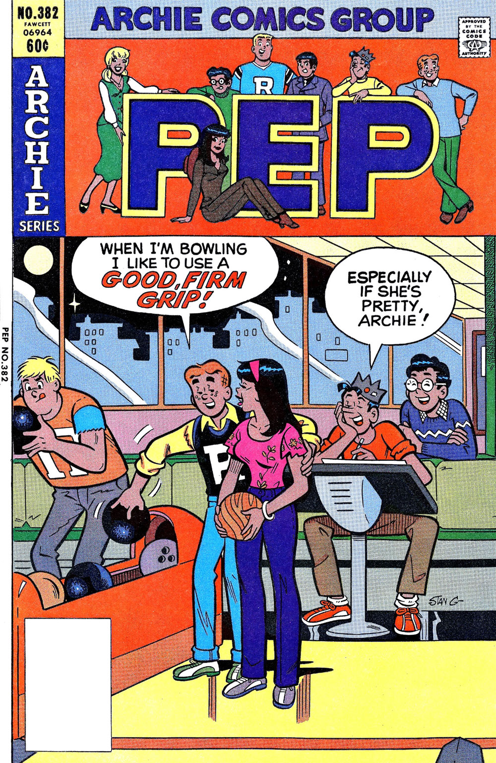 Cover of PEP #382. Archie and the gang are bowling, and Archie helps Veronica with his arm around her. He says he like to bowl with a good, firm grip. Jughead says, "Especially if she's pretty."