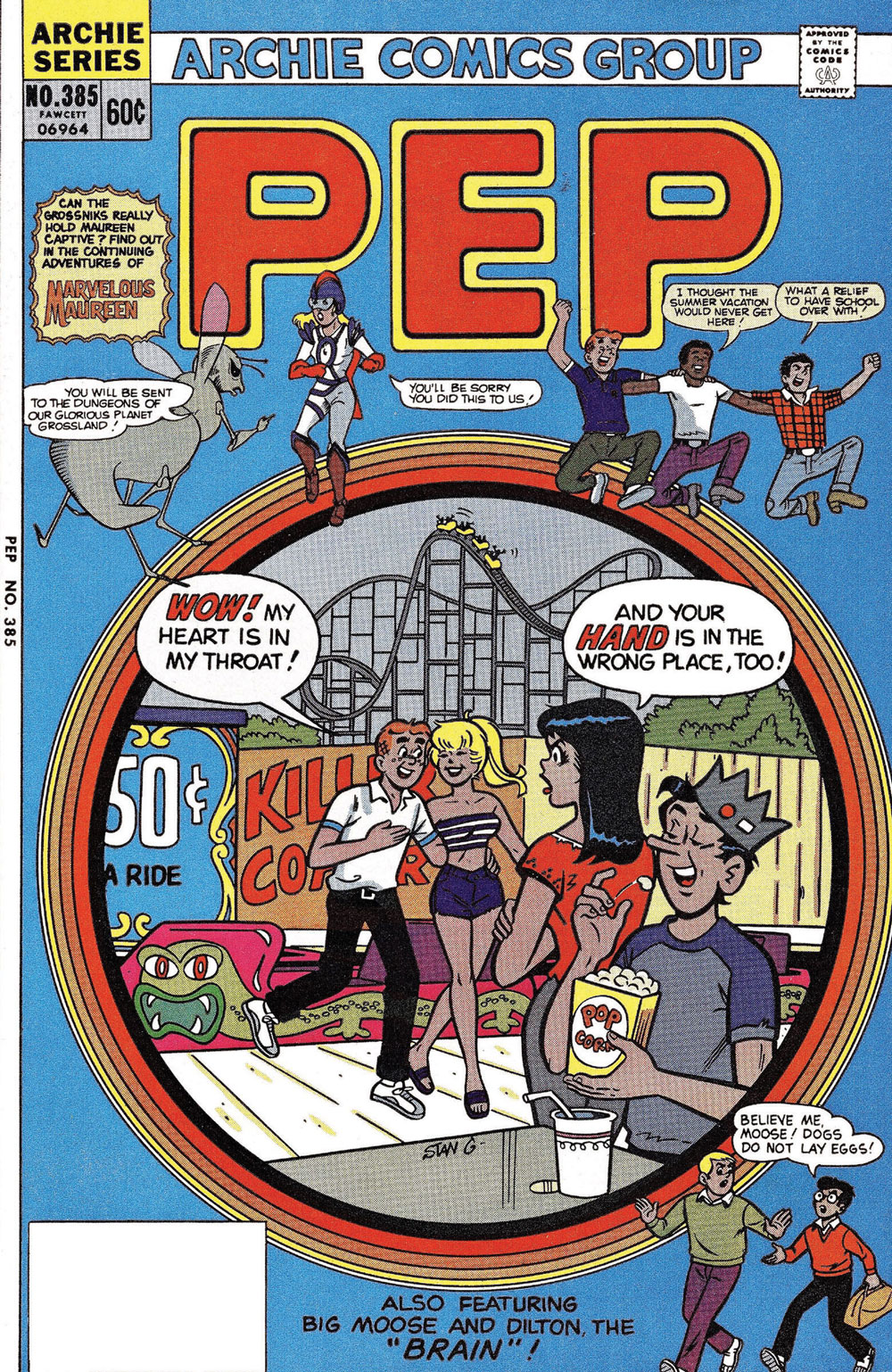 Cover of PEP #385. Archie, Betty, Veronica, and Jughead are at an amusement park, exiting a roller coaster. Archie has his arm around Betty's waist. Archie says his heart is in his throat. Veronica, looking angry, says his hand is in the wrong place, too.