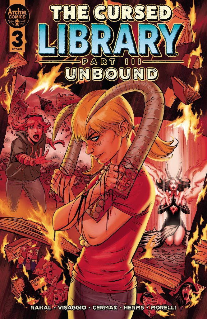 Jinx prepares for battle. Meanwhile, Danni reaches out to stop here, and various Riverdale teens look terrified, in the cover for The Cursed Library: Unbound.