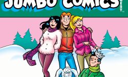 Cover of WORLD OF ARCHIE DIGEST #148. Archie stands in a snowy landscape with his arms around Betty and Veronica in the background. Jughead and Hot Dog sit in a snow tube in the foreground.