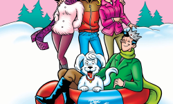 Archie stands in a snowy landscape with his arms around Betty and Veronica in the background. Jughead and Hot Dog sit in a snow tube in the foreground.