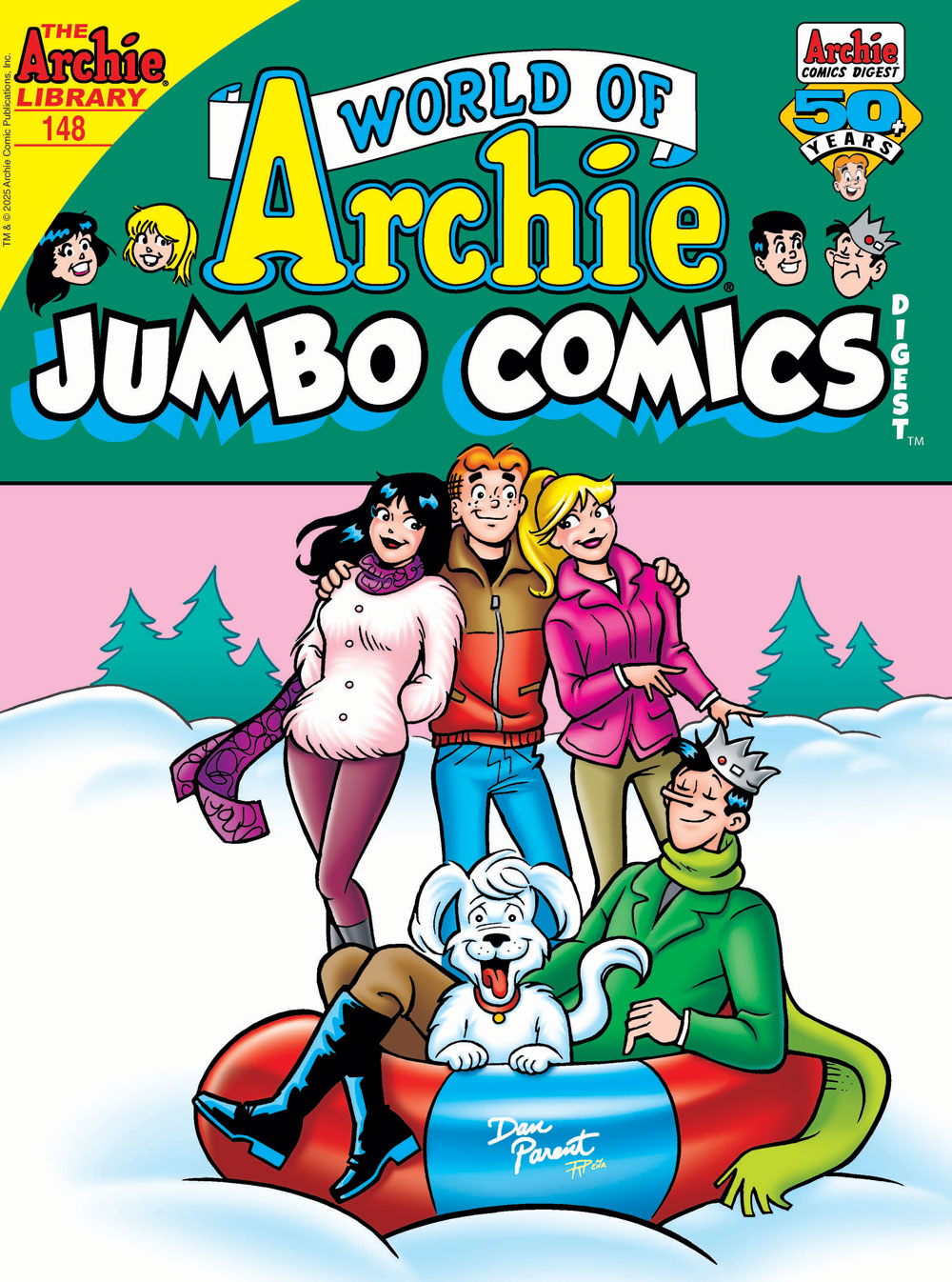 Cover of WORLD OF ARCHIE DIGEST #148. Archie stands in a snowy landscape with his arms around Betty and Veronica in the background. Jughead and Hot Dog sit in a snow tube in the foreground.