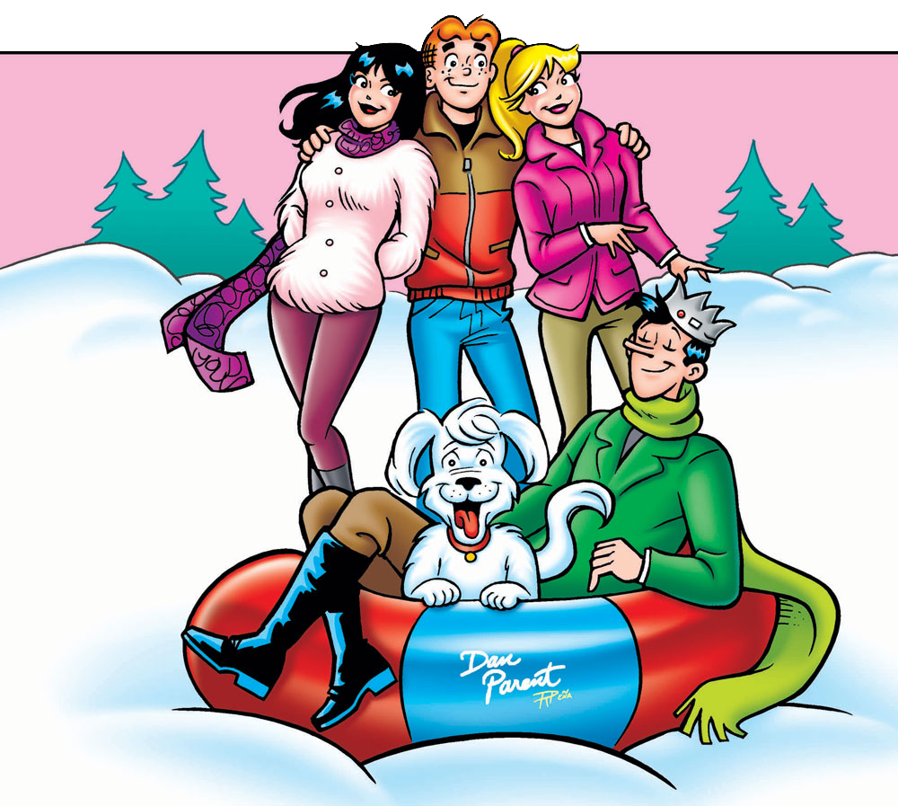 Archie stands in a snowy landscape with his arms around Betty and Veronica in the background. Jughead and Hot Dog sit in a snow tube in the foreground.