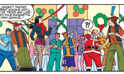 Panel from an Archie Comics story. Veronica walks into a Christmas cookie judging contest, and a worker follows behind her pushing a hand truck with a life-sized cookie made to look like the host of the contest, Kyle Magnetta. People look on astonished in the background, including Principal Weatherbee in a Santa Claus costume.