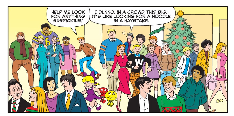 Story panel from ARCHIE CHRISTMAS SPECTACULAR. Archie, Jughead, Wilbur, and many other characters are at a crowded Christmas party. Archie asks for help looking for anything suspicious.